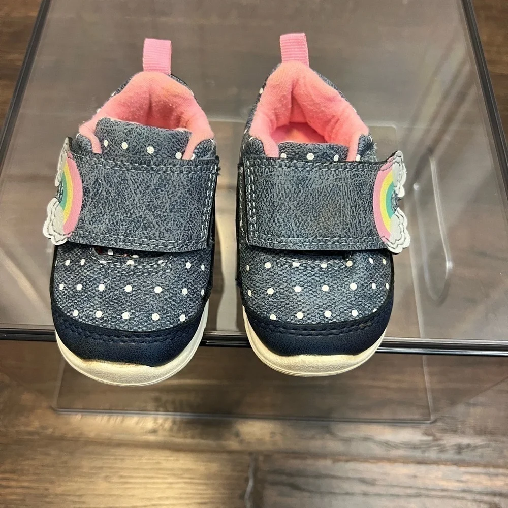 Carter Size 2 Baby Girls Blue Polka Dot Rainbow Sneakers